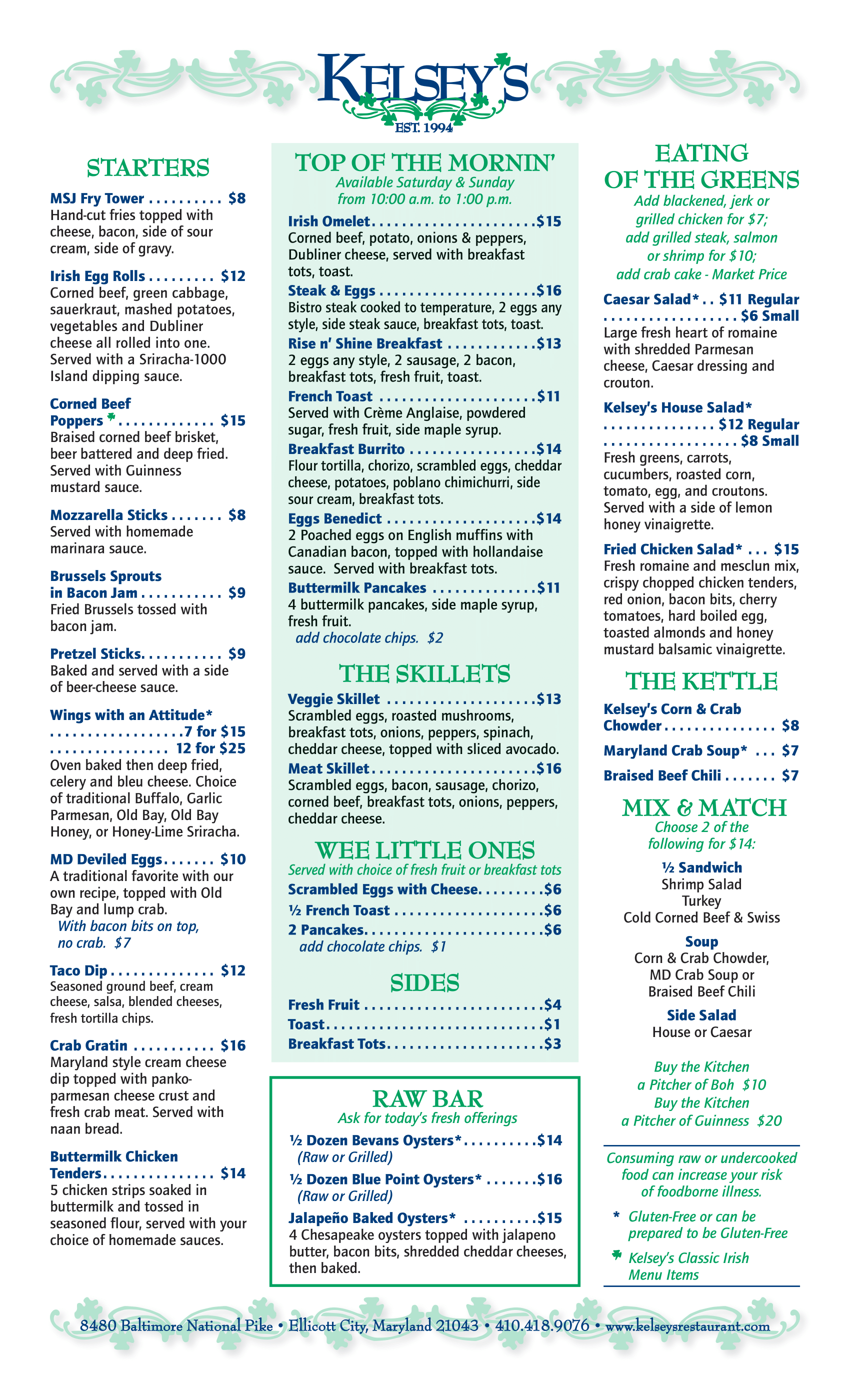 Menu 1 Kelsey s Restaurant Irish Pub Banquet Hall